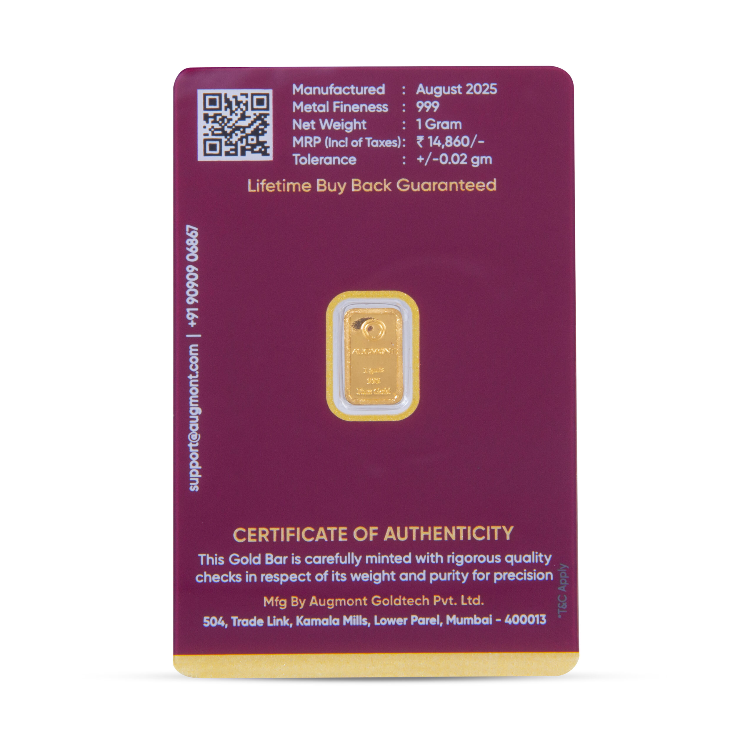 Augmont 1 Grams Tree Gold Bar 24KT 999 Purity - FKJGBR24K1021