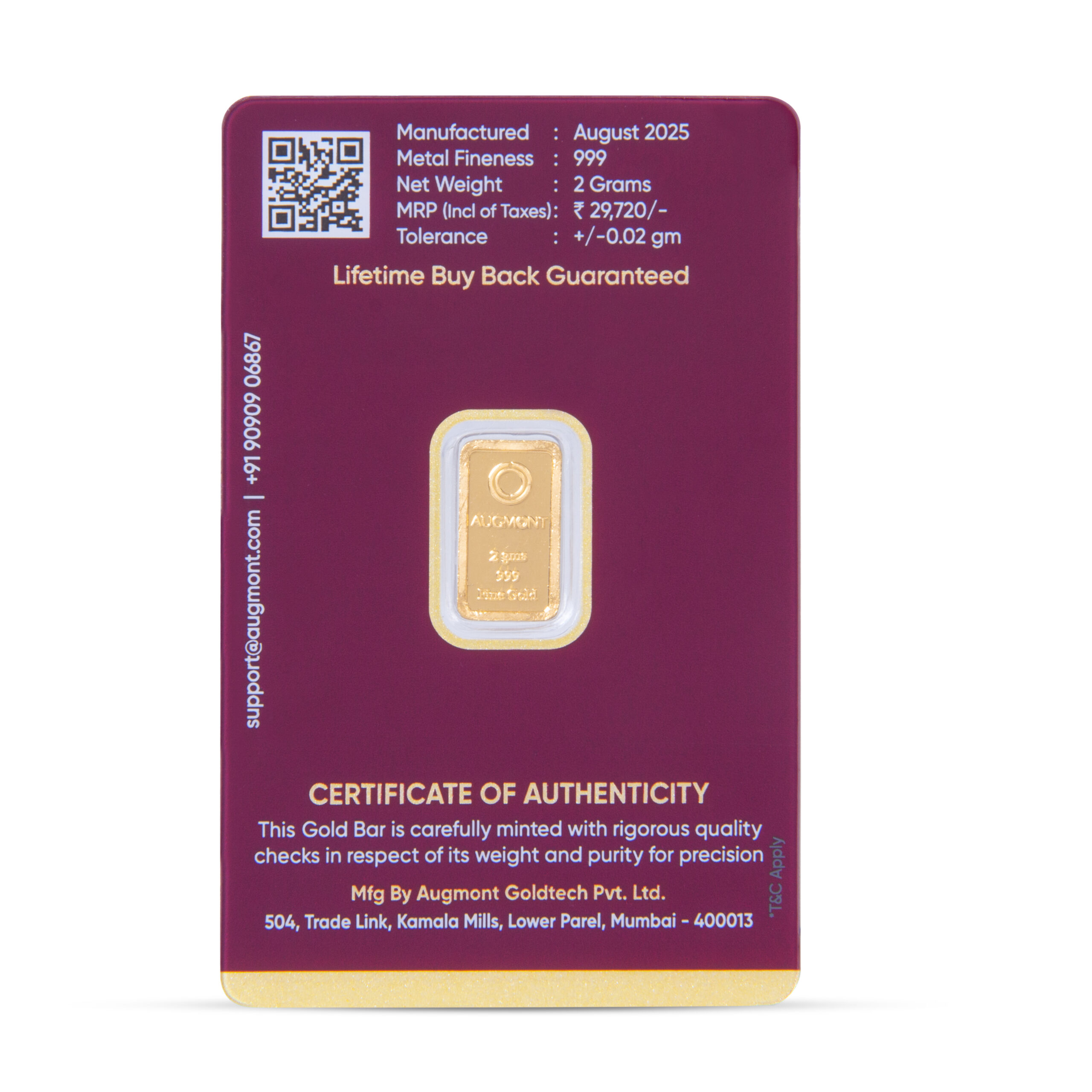 Augmont 2 Grams Tree Gold Bar 24KT 999 Purity - FKJGBR24K1022
