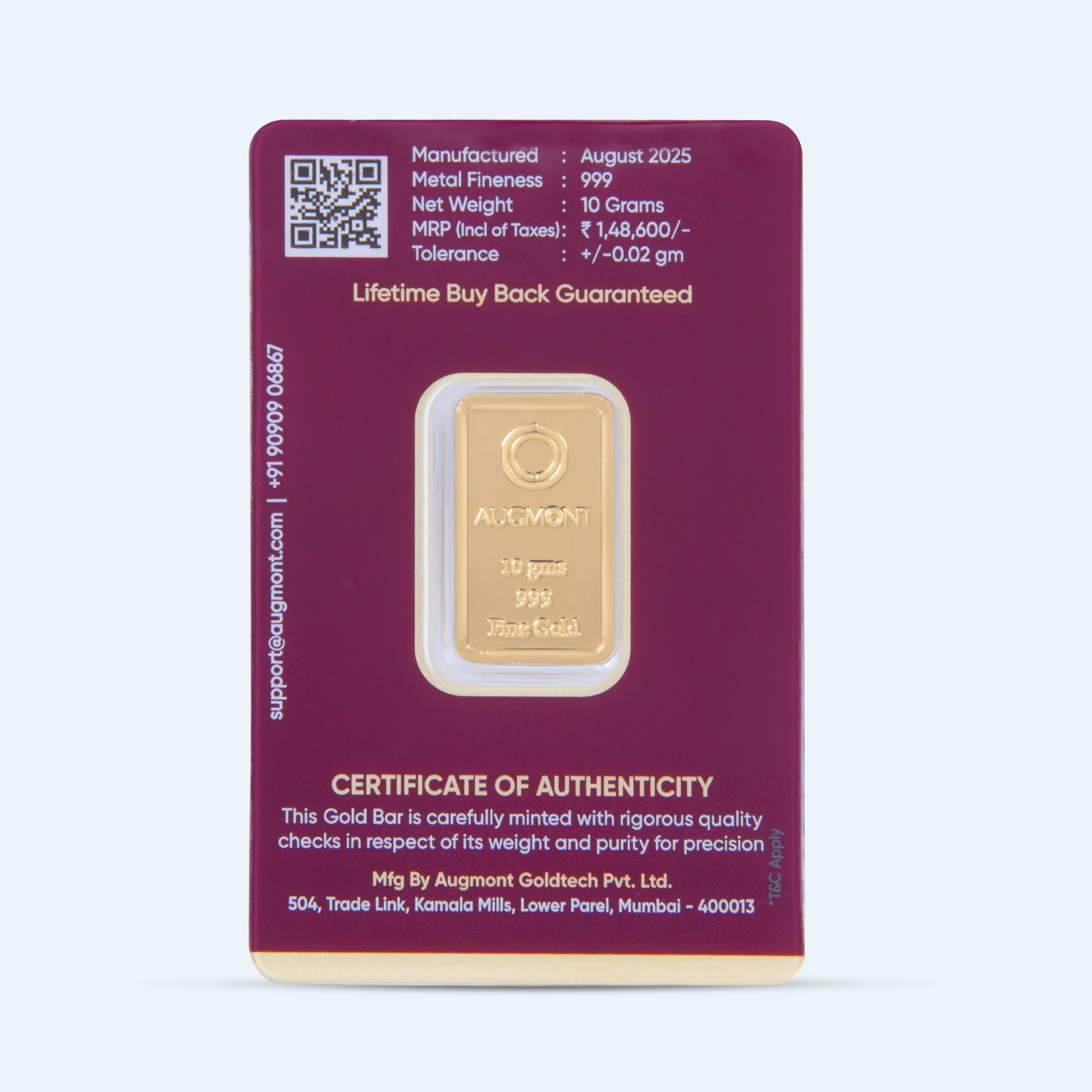 Augmont 10 Grams Tree Gold Bar 24KT 999 Purity - FKJGBR24K1024