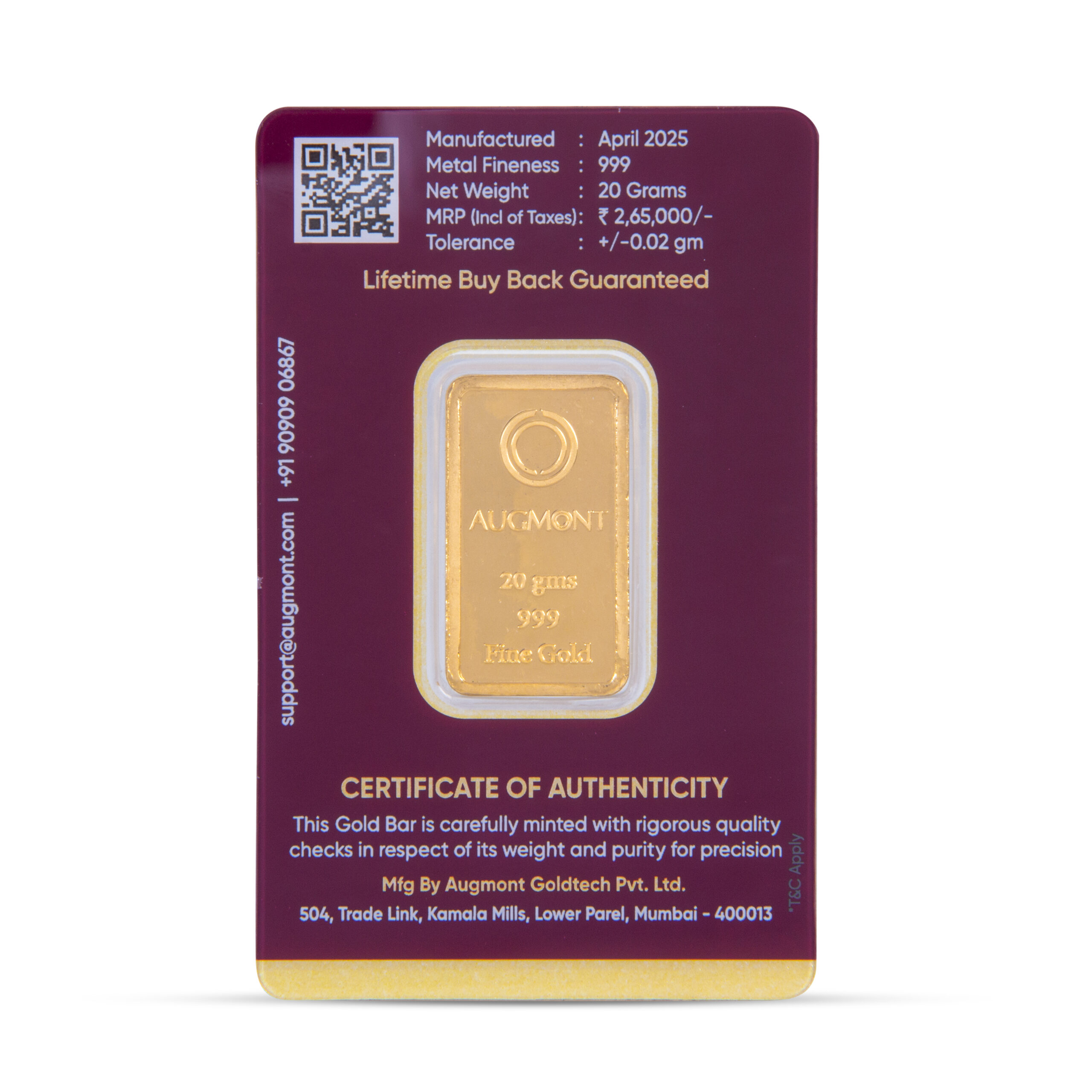 Augmont 20 Grams Tree Gold Bar 24KT 999 Purity - FKJGBR24K1025